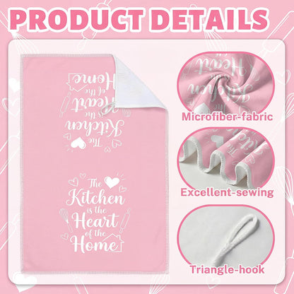 Pink Kitchen Towels Absorbent Microfiber, Cute Decorative Dish Towels for Drying, Heart of The Home Quote Hand Tea Towel Set of 6, Sweet Baking Theme Decor Gifts for Mom Women, 16x24 Inch