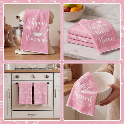 Pink Kitchen Towels Absorbent Microfiber, Cute Decorative Dish Towels for Drying, Heart of The Home Quote Hand Tea Towel Set of 6, Sweet Baking Theme Decor Gifts for Mom Women, 16x24 Inch