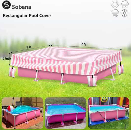 Rectangular Pool Cover,Waterproof Covers for 7' x 5' x 24" Rectangular Metal Frame Above Ground Outdoor Swimming Pool,with Tie-Down Ropes & 4 Sandbags,Increase Stability(Cover only,Pink)