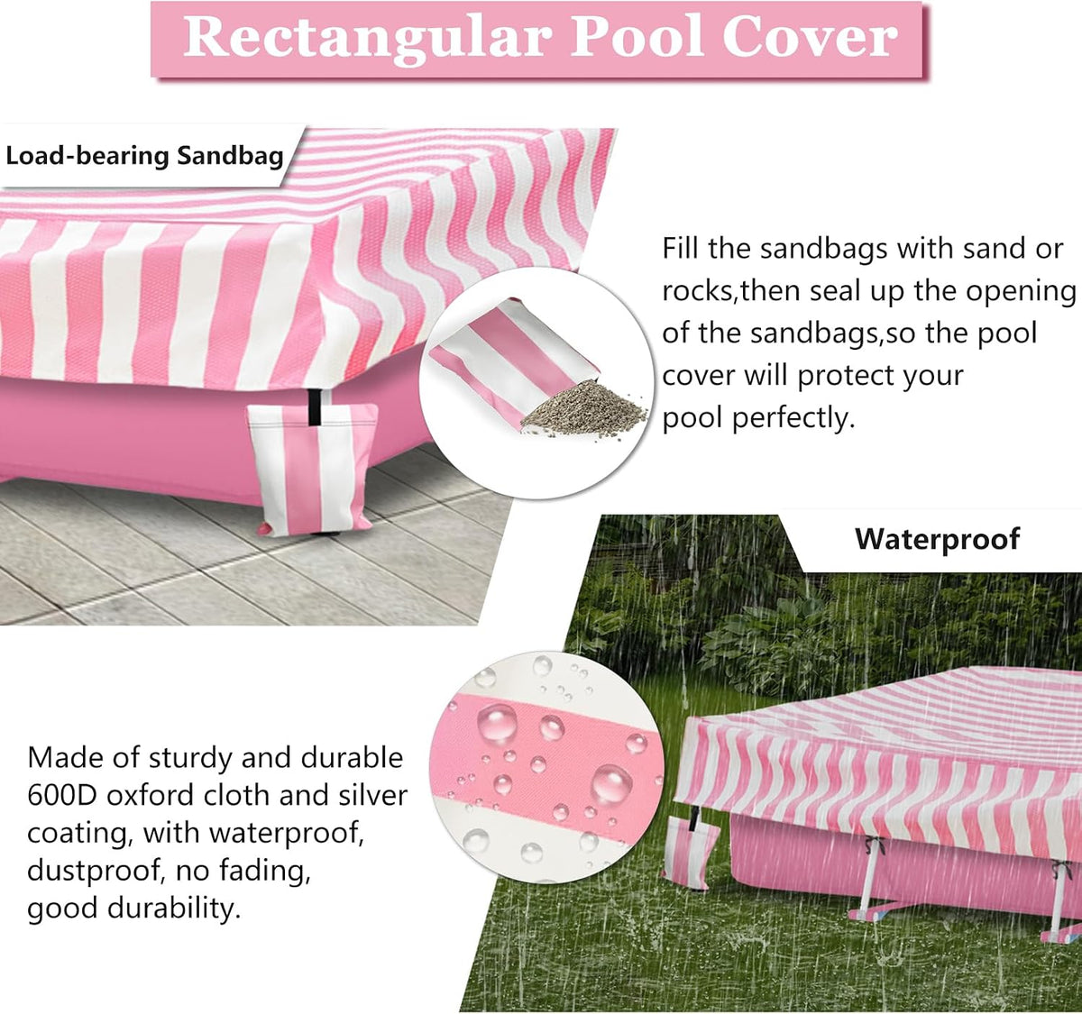 Rectangular Pool Cover,Waterproof Covers for 7' x 5' x 24" Rectangular Metal Frame Above Ground Outdoor Swimming Pool,with Tie-Down Ropes & 4 Sandbags,Increase Stability(Cover only,Pink)