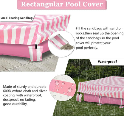 Rectangular Pool Cover,Waterproof Covers for 7' x 5' x 24" Rectangular Metal Frame Above Ground Outdoor Swimming Pool,with Tie-Down Ropes & 4 Sandbags,Increase Stability(Cover only,Pink)
