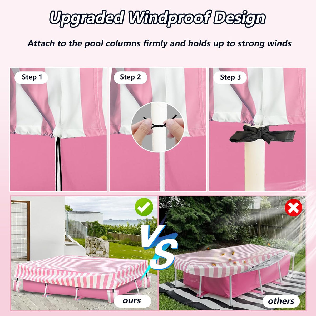Rectangular Pool Cover,Waterproof Covers for 7' x 5' x 24" Rectangular Metal Frame Above Ground Outdoor Swimming Pool,with Tie-Down Ropes & 4 Sandbags,Increase Stability(Cover only,Pink)
