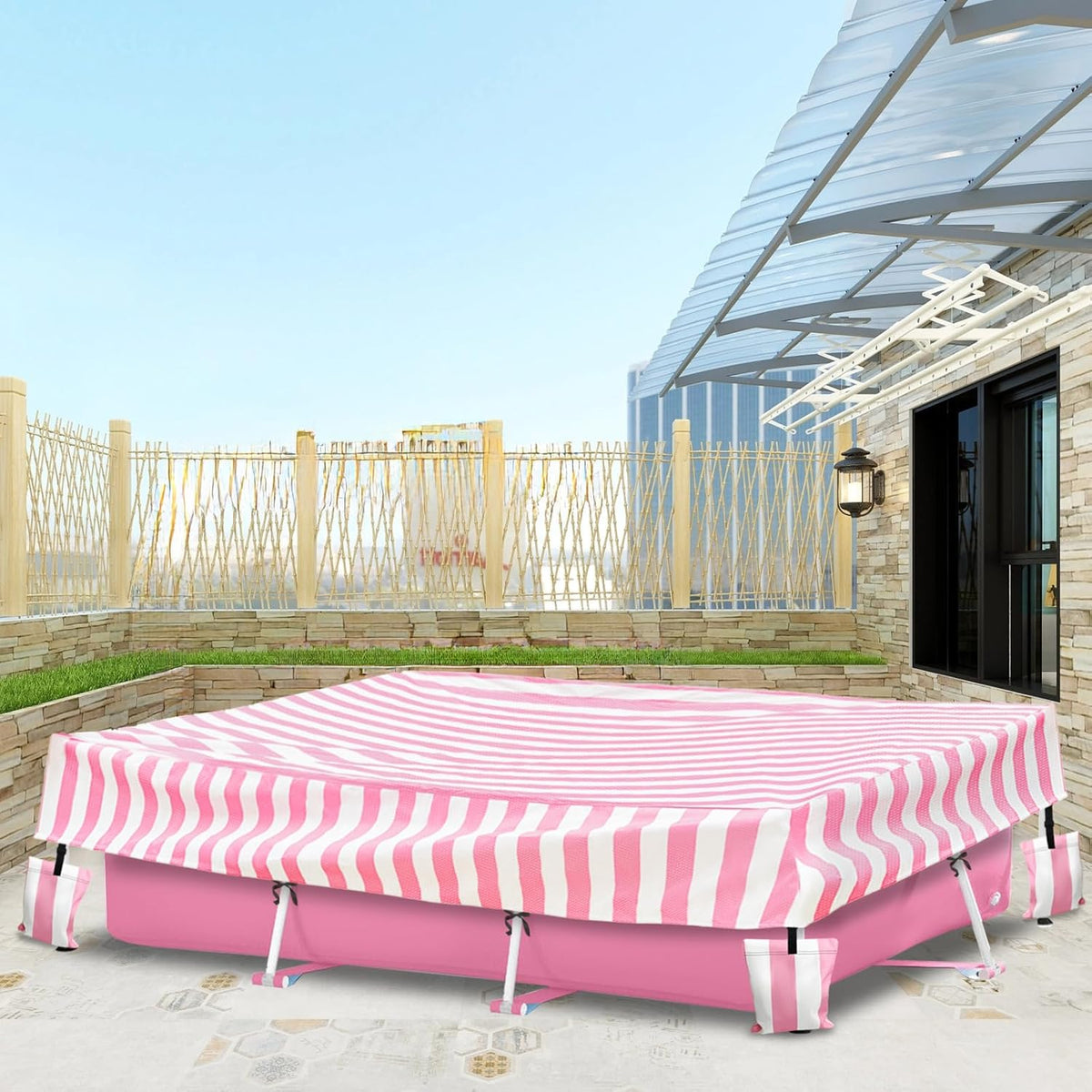 Rectangular Pool Cover,Waterproof Covers for 7' x 5' x 24" Rectangular Metal Frame Above Ground Outdoor Swimming Pool,with Tie-Down Ropes & 4 Sandbags,Increase Stability(Cover only,Pink)