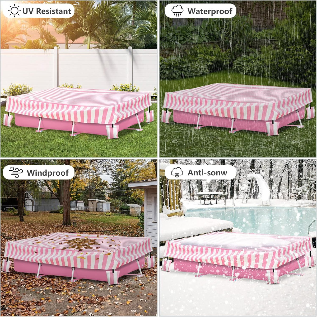 Rectangular Pool Cover,Waterproof Covers for 7' x 5' x 24" Rectangular Metal Frame Above Ground Outdoor Swimming Pool,with Tie-Down Ropes & 4 Sandbags,Increase Stability(Cover only,Pink)