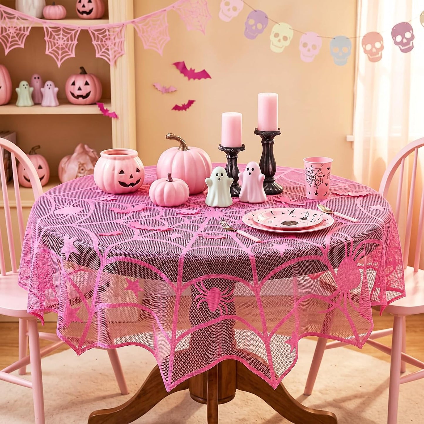 Halloween Pink Spider Web Tablecloth, Round 40 Inch