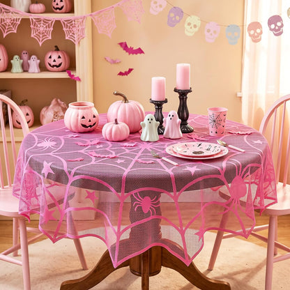 Halloween Pink Spider Web Tablecloth, Round 40 Inch