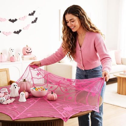 Halloween Pink Spider Web Tablecloth, Round 40 Inch