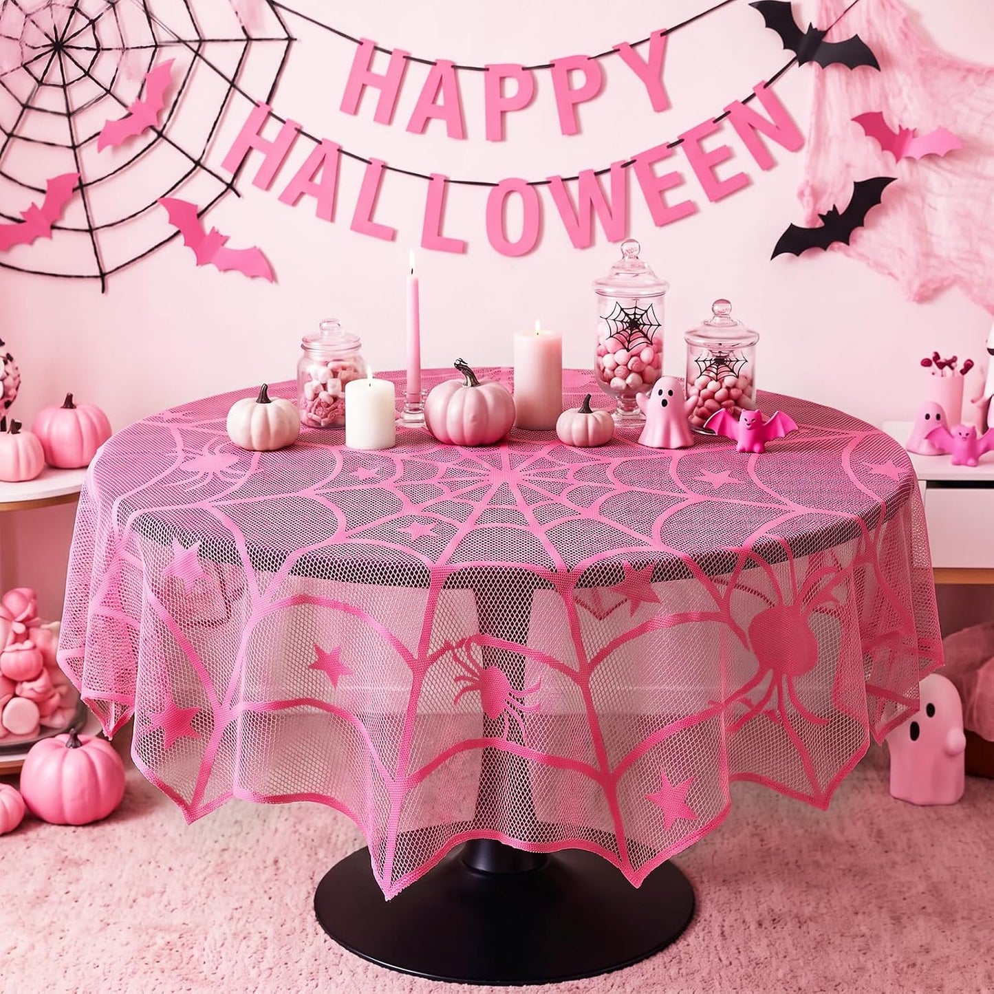 Halloween Pink Spider Web Tablecloth, Round 40 Inch