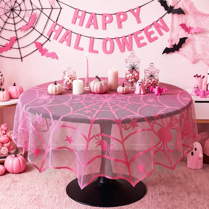 Halloween Pink Spider Web Tablecloth, Round 40 Inch