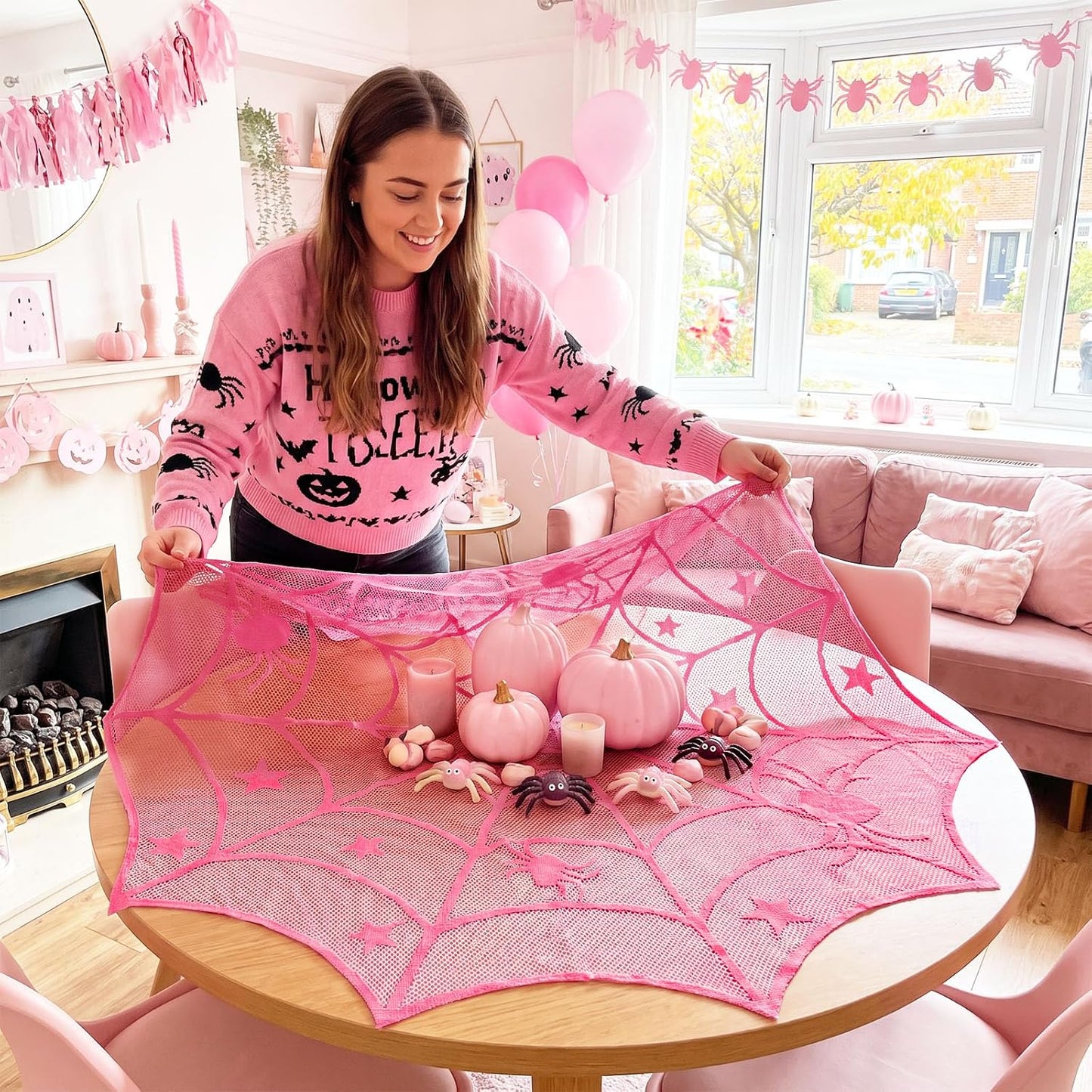 Halloween Pink Spider Web Tablecloth, Round 40 Inch