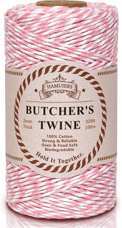 Cotton Twine String, 328 Feet Pink & White - Christmas Twine for Gift Wrapping, Crafts, Baking, Butchers, Holiday Decorations, DIY, Kitchen & Gardening