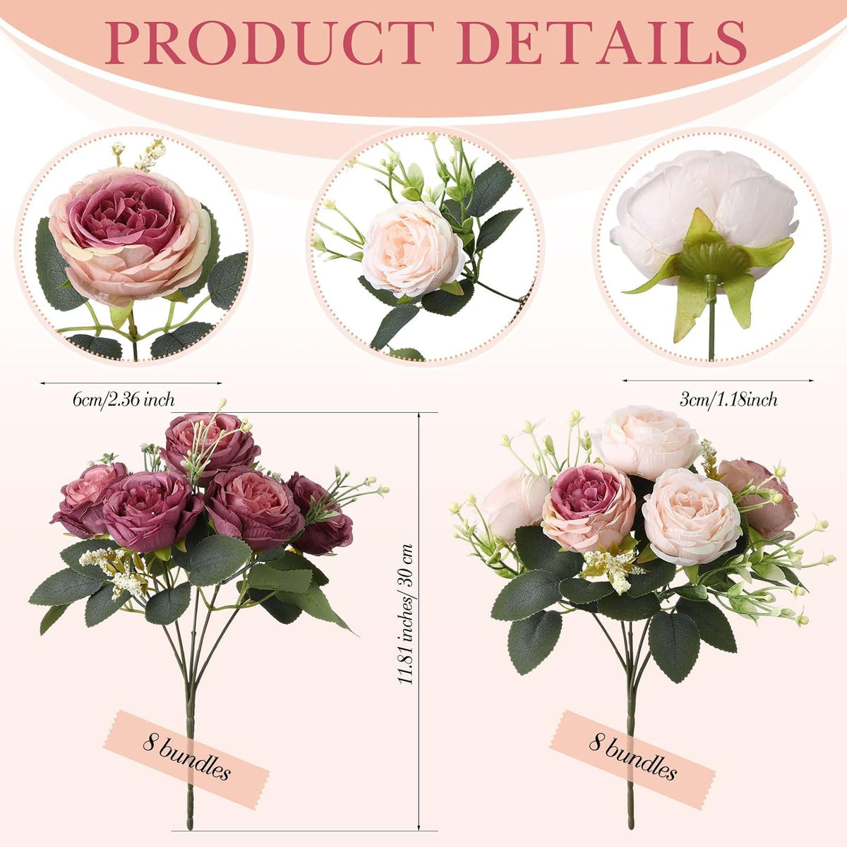 16 Bundles Artificial Peonies Flowers,Dusty Pink, Dusty Rose