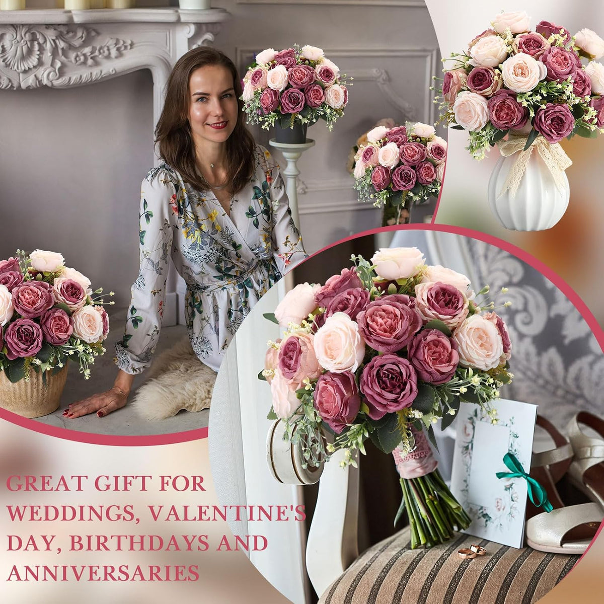 16 Bundles Artificial Peonies Flowers,Dusty Pink, Dusty Rose