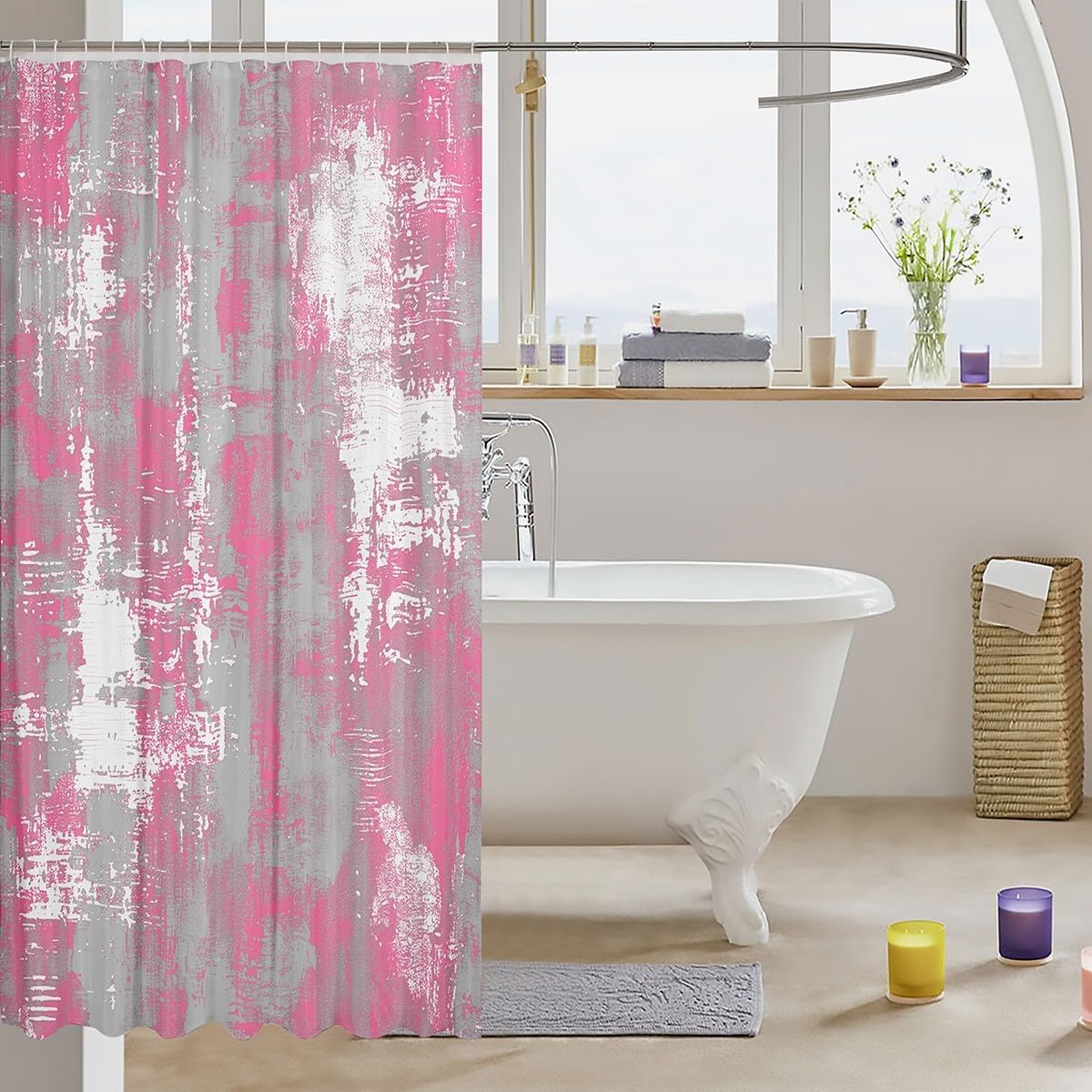 Abstract Shower Curtain for Bathroom Decor Modern Abstract Art Bath Curtain Pink White Bathroom Accessories Luxury Waterproof Polyester Fabric Geometric with 12 Hooks 72"x72"