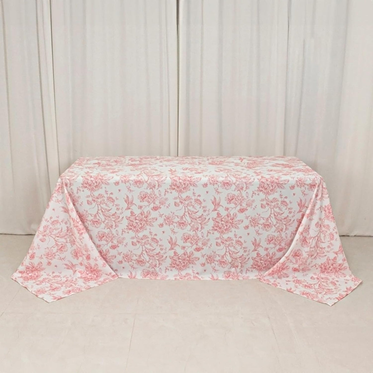 Polyester Rectangular Tablecloth 90"x132" White with Pink French Toile Pattern - Sophisticated Table Cover for Chic Weddings & Events