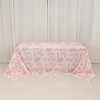 Polyester Rectangular Tablecloth 90"x132" White with Pink French Toile Pattern - Sophisticated Table Cover for Chic Weddings & Events