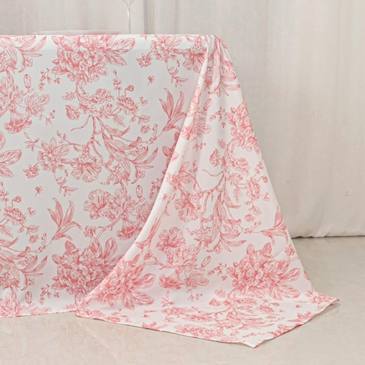 Polyester Rectangular Tablecloth 90"x132" White with Pink French Toile Pattern - Sophisticated Table Cover for Chic Weddings & Events