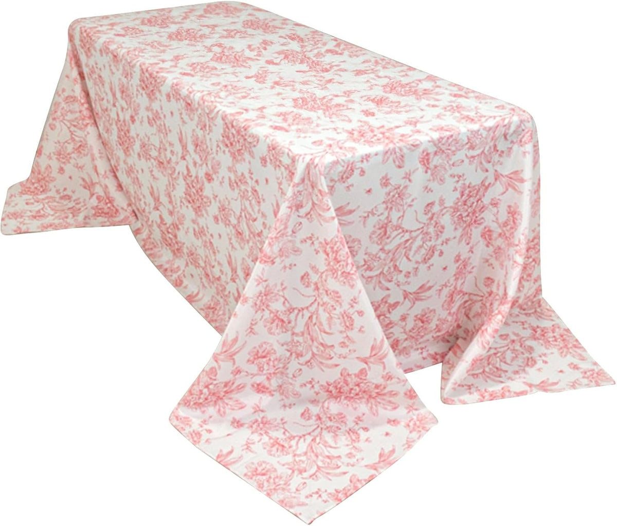 Polyester Rectangular Tablecloth 90"x132" White with Pink French Toile Pattern - Sophisticated Table Cover for Chic Weddings & Events