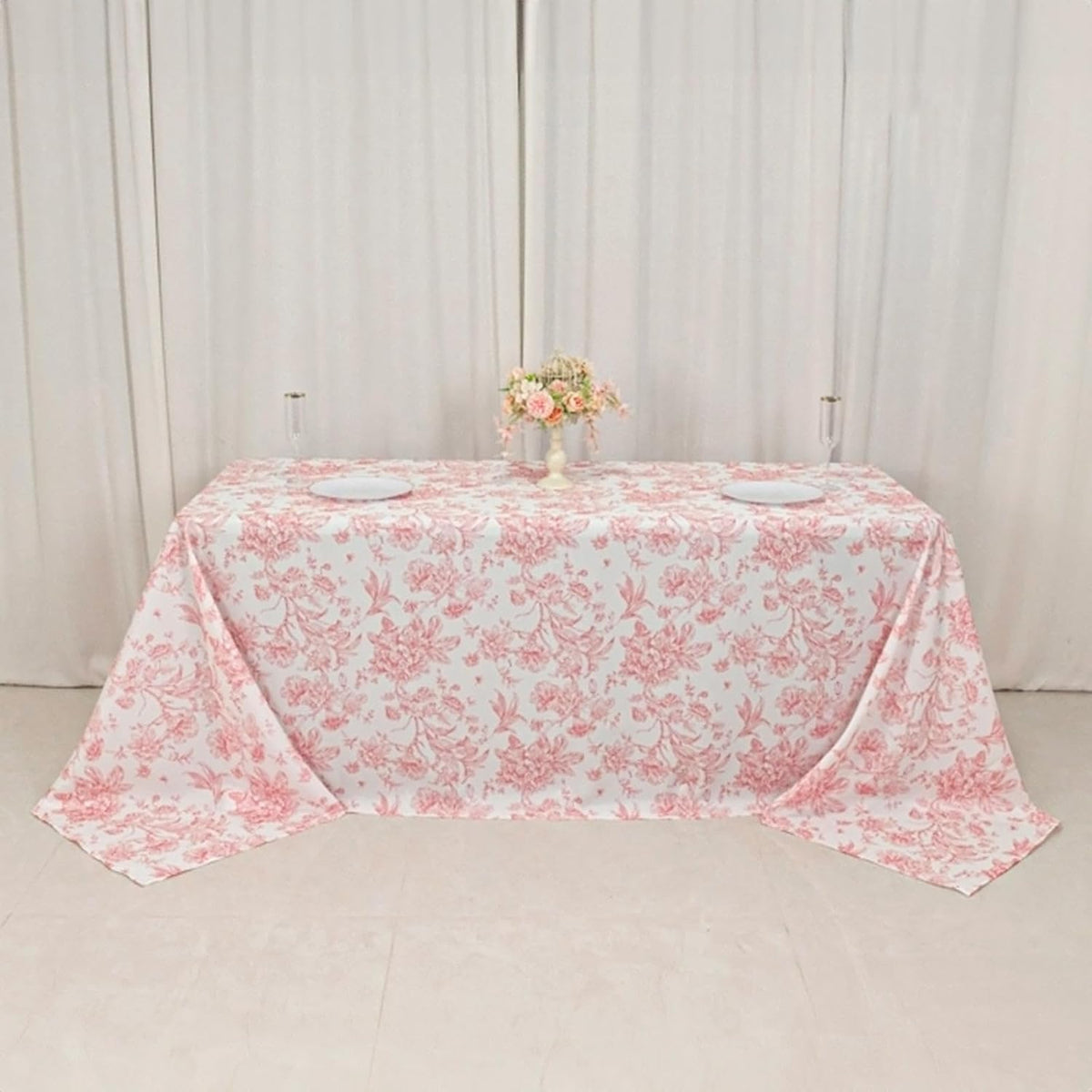Polyester Rectangular Tablecloth 90"x132" White with Pink French Toile Pattern - Sophisticated Table Cover for Chic Weddings & Events