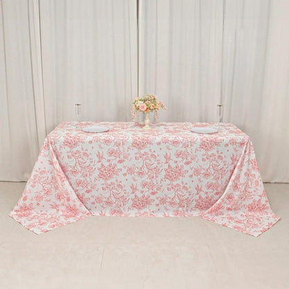 Polyester Rectangular Tablecloth 90"x132" White with Pink French Toile Pattern - Sophisticated Table Cover for Chic Weddings & Events