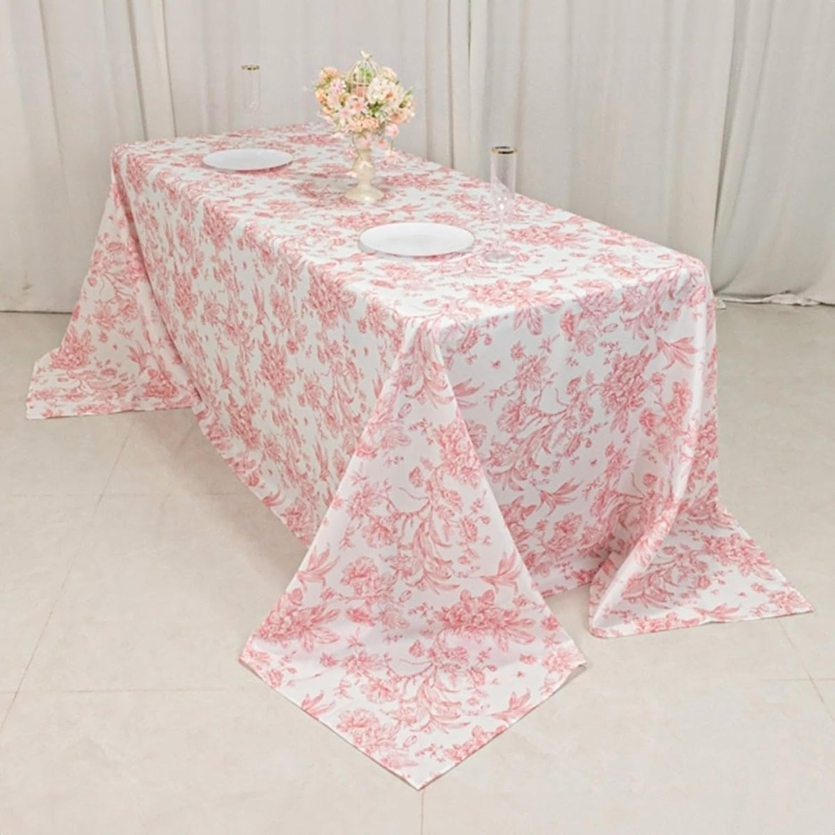 Polyester Rectangular Tablecloth 90"x132" White with Pink French Toile Pattern - Sophisticated Table Cover for Chic Weddings & Events