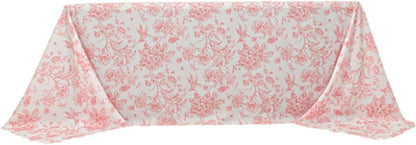 Polyester Rectangular Tablecloth 90"x132" White with Pink French Toile Pattern - Sophisticated Table Cover for Chic Weddings & Events