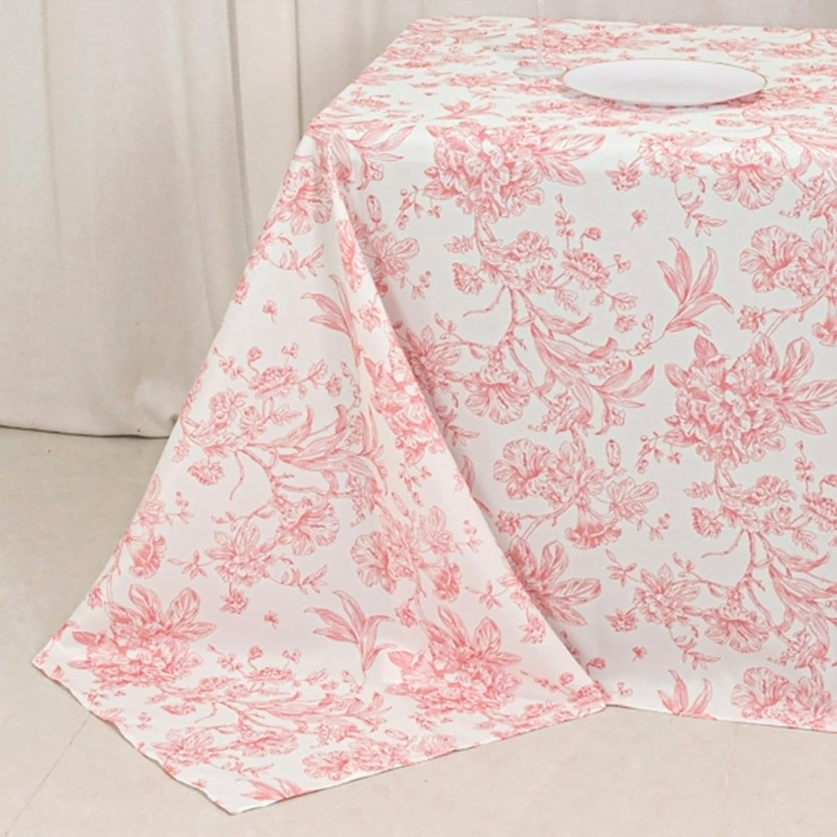 Polyester Rectangular Tablecloth 90"x132" White with Pink French Toile Pattern - Sophisticated Table Cover for Chic Weddings & Events
