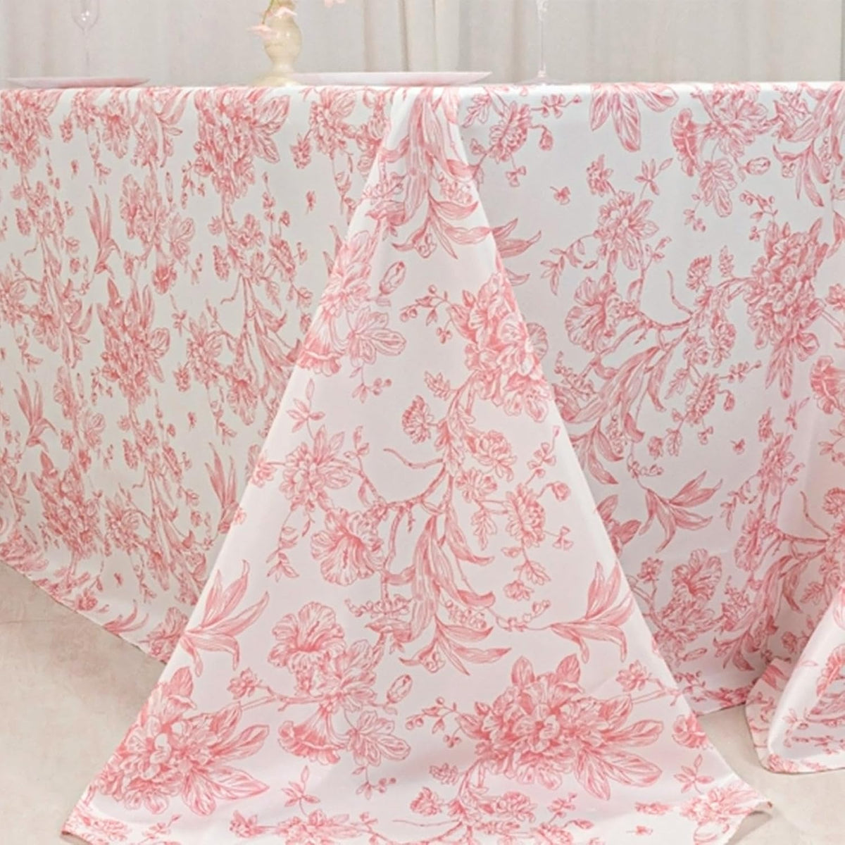 Polyester Rectangular Tablecloth 90"x132" White with Pink French Toile Pattern - Sophisticated Table Cover for Chic Weddings & Events