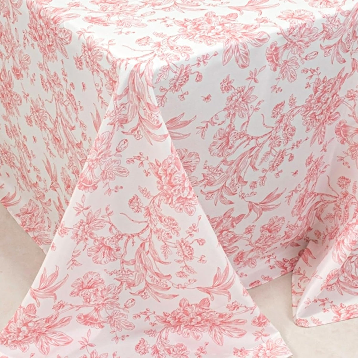 Polyester Rectangular Tablecloth 90"x132" White with Pink French Toile Pattern - Sophisticated Table Cover for Chic Weddings & Events