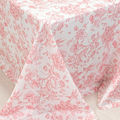 Polyester Rectangular Tablecloth 90"x132" White with Pink French Toile Pattern - Sophisticated Table Cover for Chic Weddings & Events
