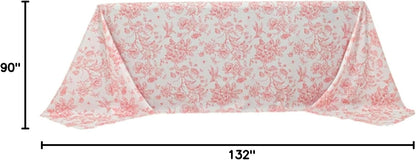 Polyester Rectangular Tablecloth 90"x132" White with Pink French Toile Pattern - Sophisticated Table Cover for Chic Weddings & Events