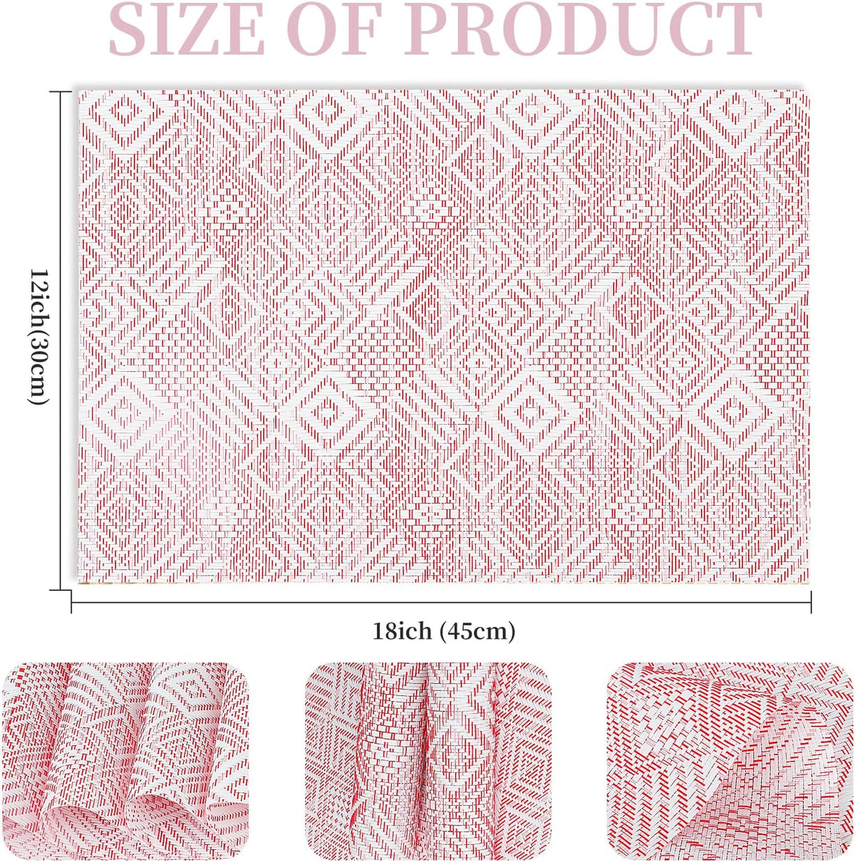 Vinyl Plastic Placemats Set of 6 Washable Heat Resistant Non-Slip Elegant Indoor Outdoor Kitchen Dining PVC Woven Table Place Mats (Red Pink Squares)