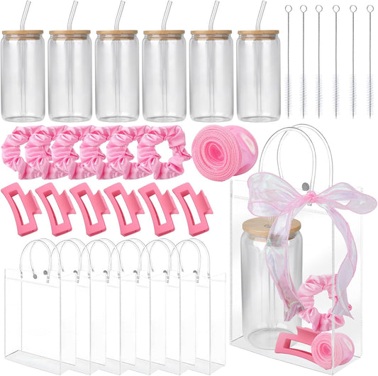 25 Pcs Sleepover Party Supplies for Girls, Pink Spa Birthday Party Supplies with Cups Clips Scrunchies Gift Bags Ribbon, Slumber Party Supplies for Girl Decorations Bow Party Favors for Girls