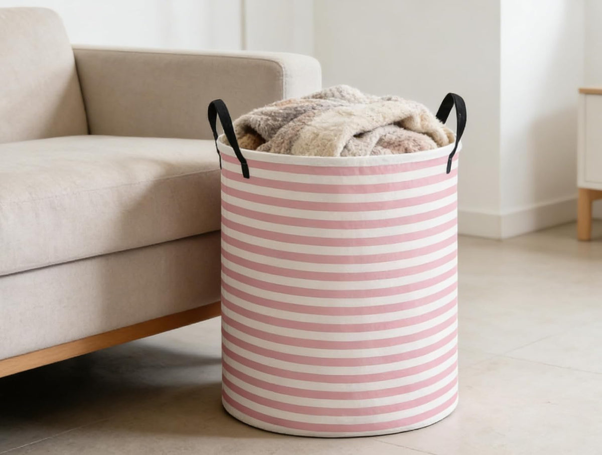 Kids Laundry Basket,Pink Hamper Collapsible Canvas Waterproof Storage Bin for Girls, Cute Hamper,Gift Baskets(Pink stripes)