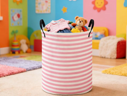 Kids Laundry Basket,Pink Hamper Collapsible Canvas Waterproof Storage Bin for Girls, Cute Hamper,Gift Baskets(Pink stripes)