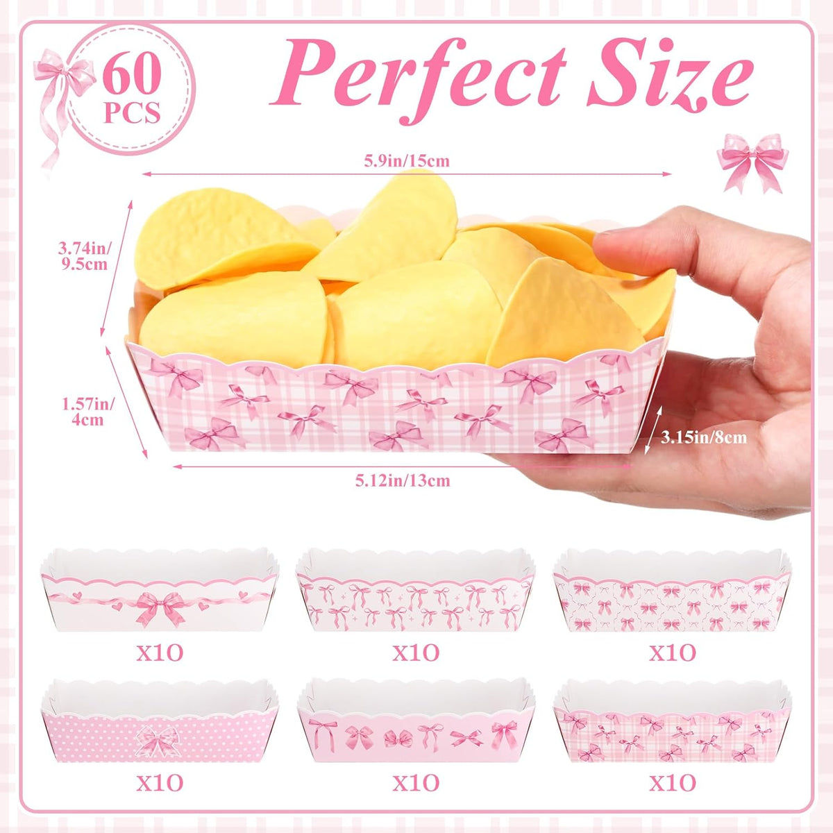 60 Pcs Pink Bow Birthday Decorations Pink Bow Theme Party Paper Food Trays