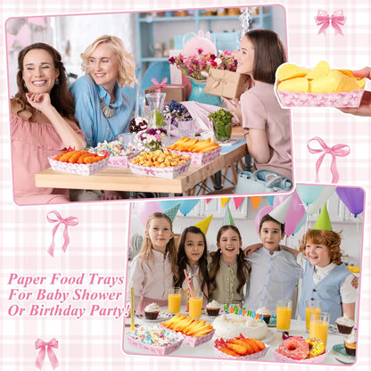 60 Pcs Pink Bow Birthday Decorations Pink Bow Theme Party Paper Food Trays