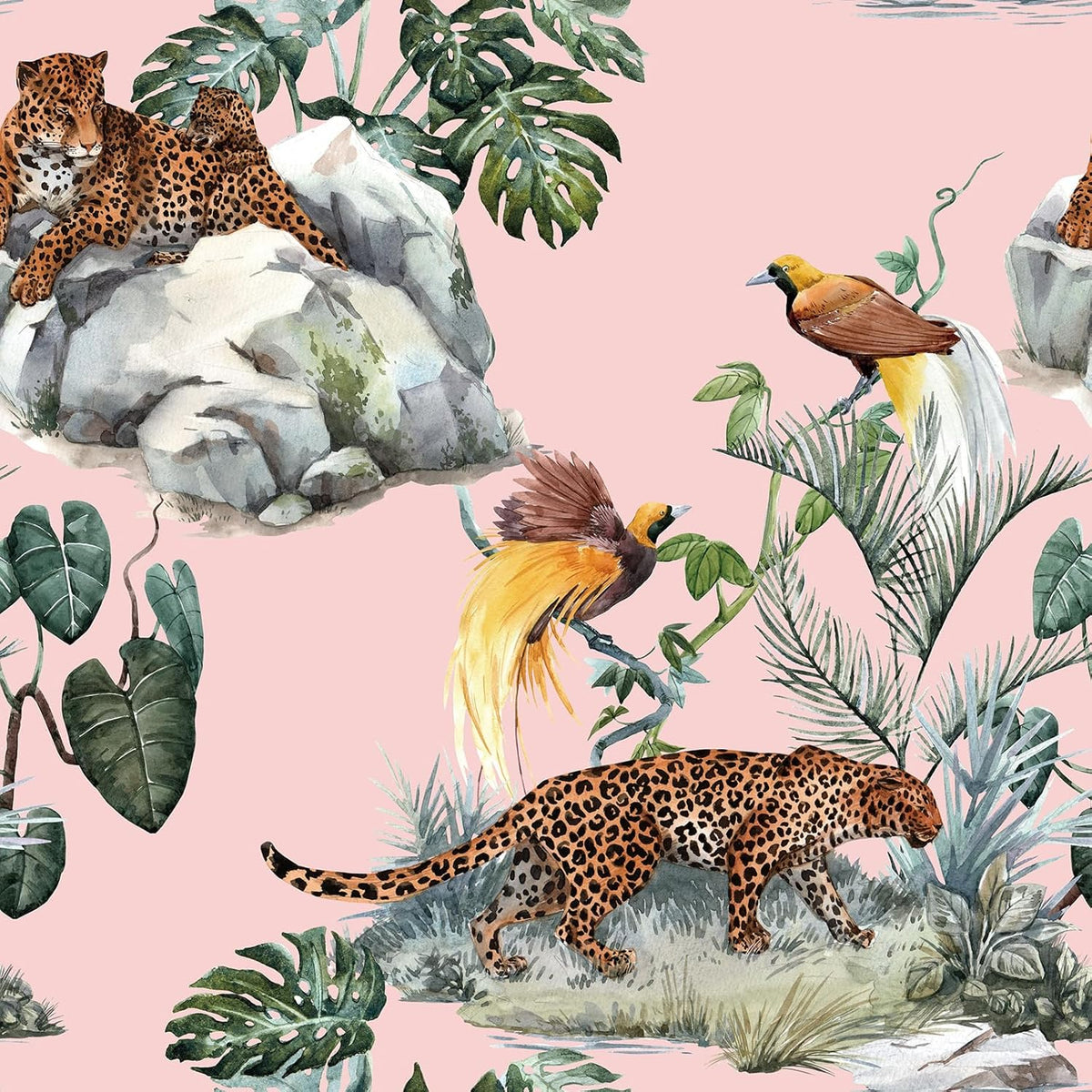 Pink Leopard Wallpaper Peel and Stick Funky Blush Pink Cheetah Jungle Wallpaper Green Tropical Botanical Palm Leaf Brown Whimsical Animals & Birds Removable Contact Paper Adhesive 17.5x80