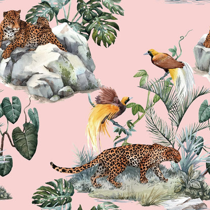 Pink Leopard Wallpaper Peel and Stick Funky Blush Pink Cheetah Jungle Wallpaper Green Tropical Botanical Palm Leaf Brown Whimsical Animals & Birds Removable Contact Paper Adhesive 17.5x80