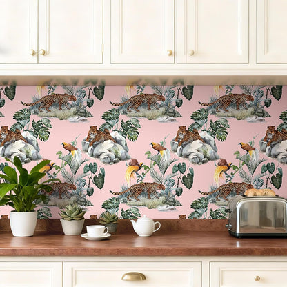 Pink Leopard Wallpaper Peel and Stick Funky Blush Pink Cheetah Jungle Wallpaper Green Tropical Botanical Palm Leaf Brown Whimsical Animals & Birds Removable Contact Paper Adhesive 17.5x80