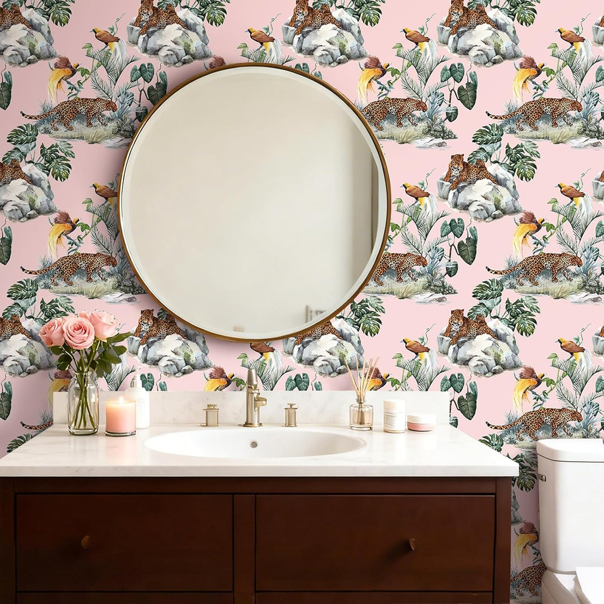 Pink Leopard Wallpaper Peel and Stick Funky Blush Pink Cheetah Jungle Wallpaper Green Tropical Botanical Palm Leaf Brown Whimsical Animals & Birds Removable Contact Paper Adhesive 17.5x80