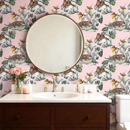 Pink Leopard Wallpaper Peel and Stick Funky Blush Pink Cheetah Jungle Wallpaper Green Tropical Botanical Palm Leaf Brown Whimsical Animals & Birds Removable Contact Paper Adhesive 17.5x80