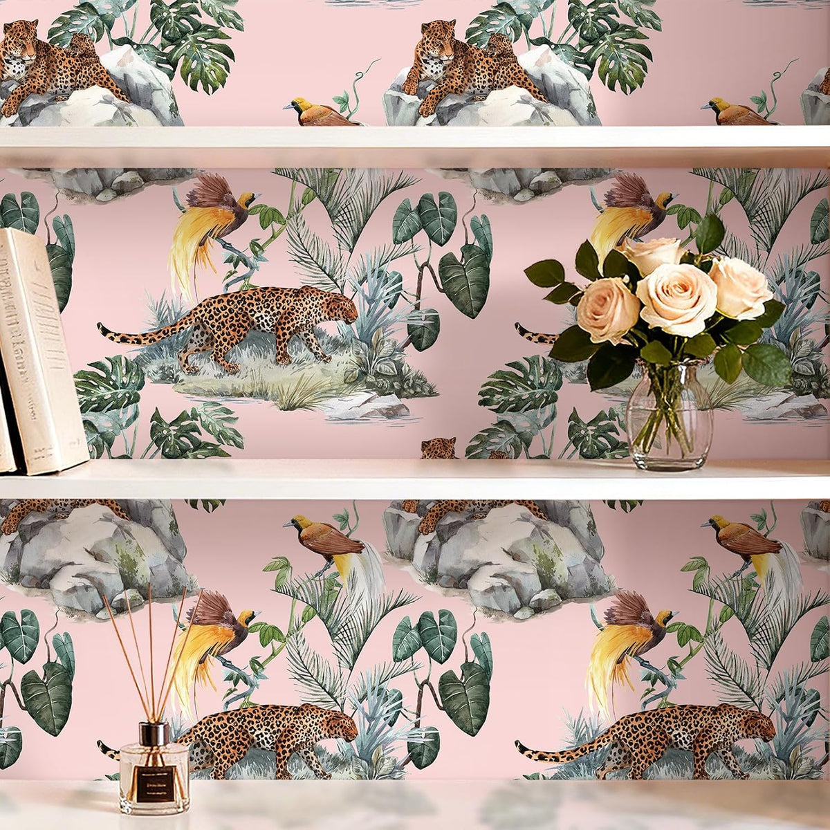 Pink Leopard Wallpaper Peel and Stick Funky Blush Pink Cheetah Jungle Wallpaper Green Tropical Botanical Palm Leaf Brown Whimsical Animals & Birds Removable Contact Paper Adhesive 17.5x80