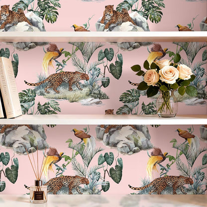 Pink Leopard Wallpaper Peel and Stick Funky Blush Pink Cheetah Jungle Wallpaper Green Tropical Botanical Palm Leaf Brown Whimsical Animals & Birds Removable Contact Paper Adhesive 17.5x80
