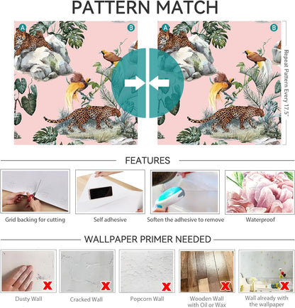 Pink Leopard Wallpaper Peel and Stick Funky Blush Pink Cheetah Jungle Wallpaper Green Tropical Botanical Palm Leaf Brown Whimsical Animals & Birds Removable Contact Paper Adhesive 17.5x80