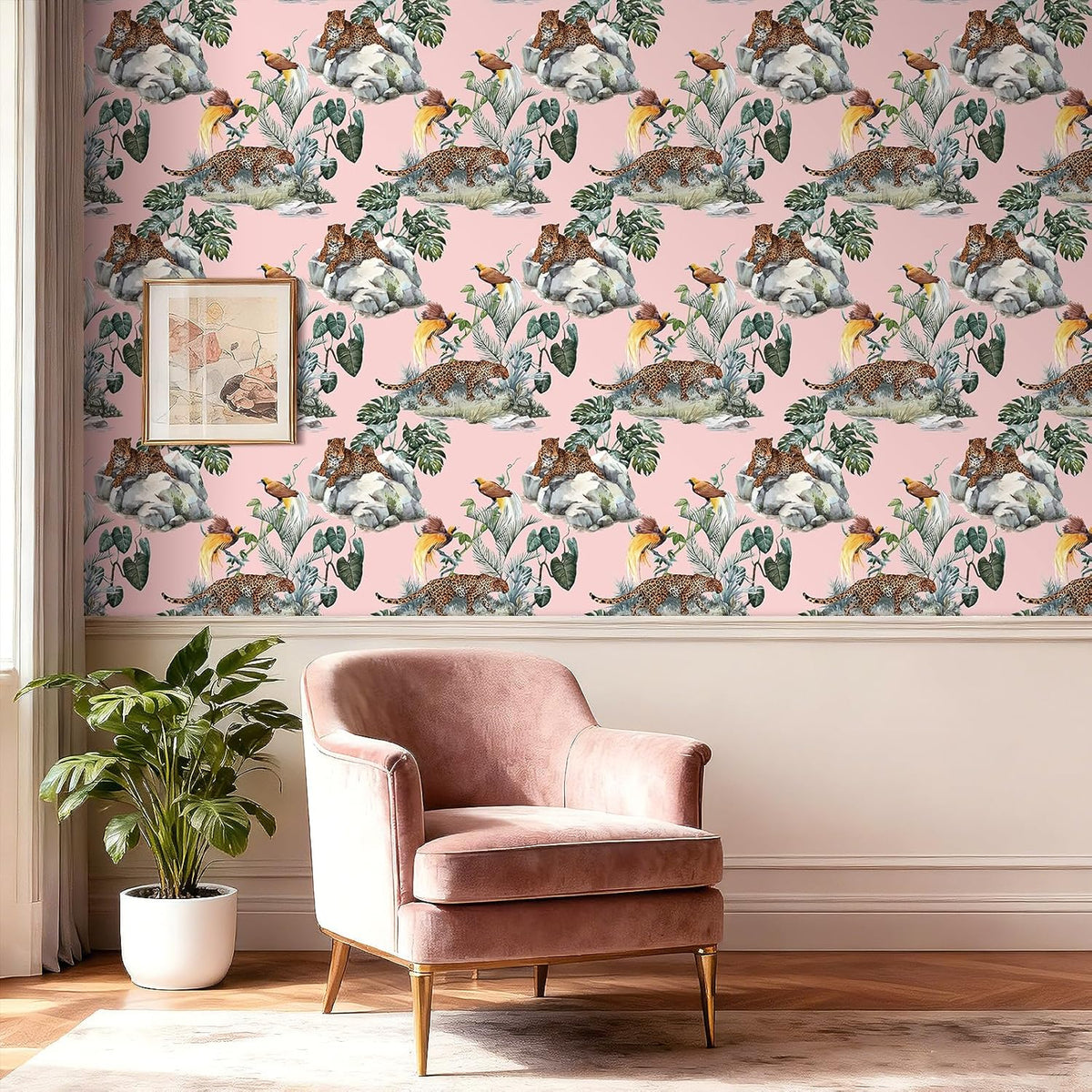 Pink Leopard Wallpaper Peel and Stick Funky Blush Pink Cheetah Jungle Wallpaper Green Tropical Botanical Palm Leaf Brown Whimsical Animals & Birds Removable Contact Paper Adhesive 17.5x80
