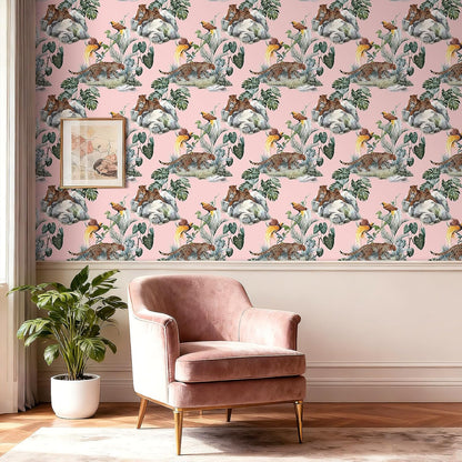 Pink Leopard Wallpaper Peel and Stick Funky Blush Pink Cheetah Jungle Wallpaper Green Tropical Botanical Palm Leaf Brown Whimsical Animals & Birds Removable Contact Paper Adhesive 17.5x80