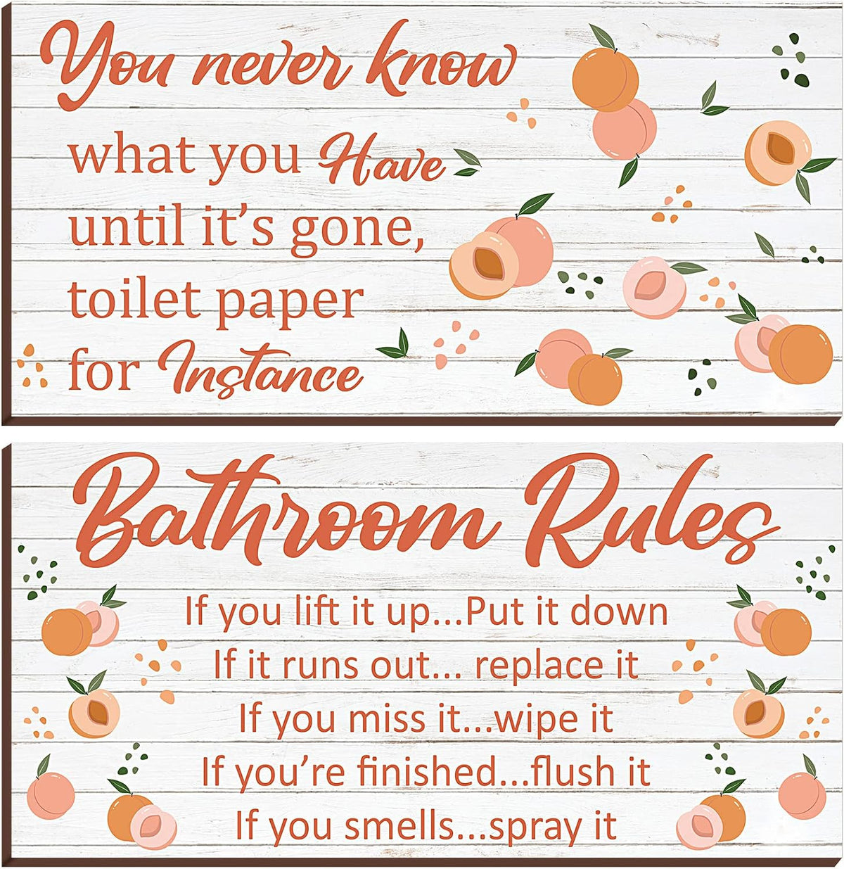 2 Pieces Wooden Peach Bathroom Decor Bathroom Rule Wall Plaque Decor Wooden Hanging Sign Funny Cute Farmhouse Peach Accessories Wood Plank for Home Rustic Decoration,12 x 6 Inch