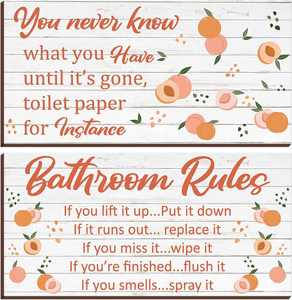 2 Pieces Wooden Peach Bathroom Decor Bathroom Rule Wall Plaque Decor Wooden Hanging Sign Funny Cute Farmhouse Peach Accessories Wood Plank for Home Rustic Decoration,12 x 6 Inch