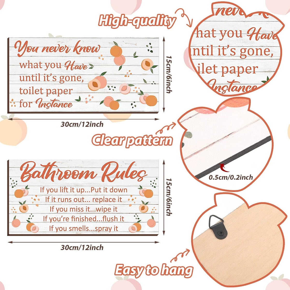 2 Pieces Wooden Peach Bathroom Decor Bathroom Rule Wall Plaque Decor Wooden Hanging Sign Funny Cute Farmhouse Peach Accessories Wood Plank for Home Rustic Decoration,12 x 6 Inch